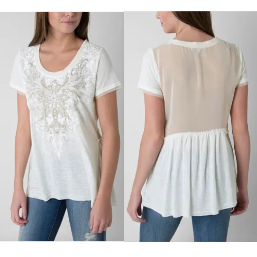 MISS ME Embellished Top Peplum Back Boho Western Sheer Bedazzled Short Sleeve M